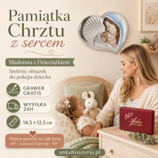 Srebrny obrazek madonna z dzieciątkiem w sercu 14,5 cm x 12,5 cm