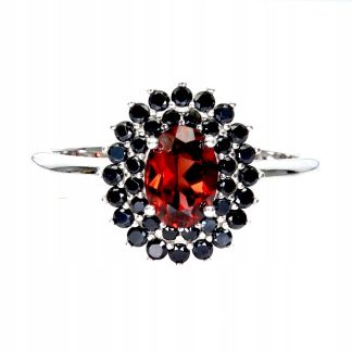 Pierścionek elegancki srebrny naturalny granat czarne spinele r 14 925