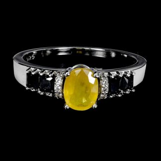 925 Pierścionek elegancki srebro naturalny żółty szafir czarne spinele r 17