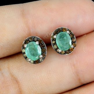2 Kolczyki delikatne naturalne diamenty srebro szmaragdy 925