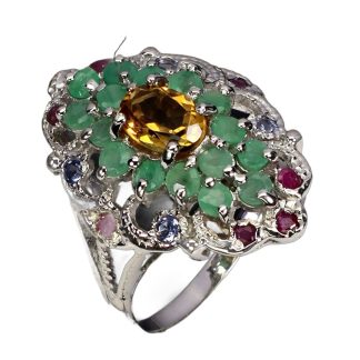 925 Pierścionek elegancki natural szmaragdy cytryn rubiny tanzanity r 17.5