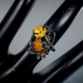 Artystyczny pierścionek opal granaty r 16.5 kwiaty