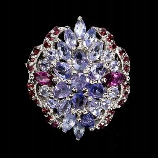 925 Pierścionek srebrny elegancki naturalne rodolity granaty tanzanity r 16