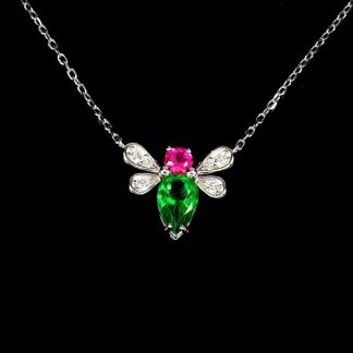Srebrny delikatny elegancki naszyjnik naturalny zielony i różowy topaz owad