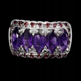 925 Piękny elegancki srebrny pierścionek naturalne ametysty granaty r 16